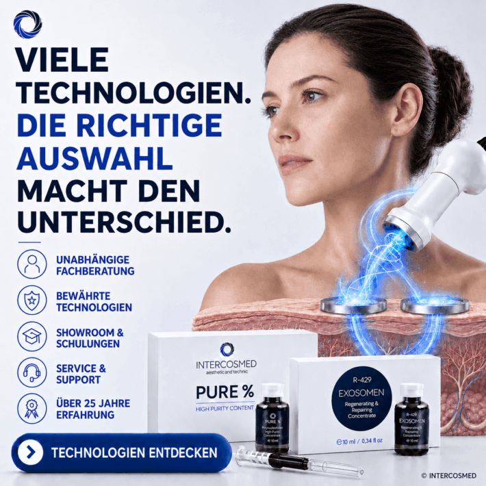 Intercosmed Anzeige mit schematischer Darstellung von Hautschichten und einem weiblichen Gesicht, auf dem Behandlungsareale hervorgehoben sind.